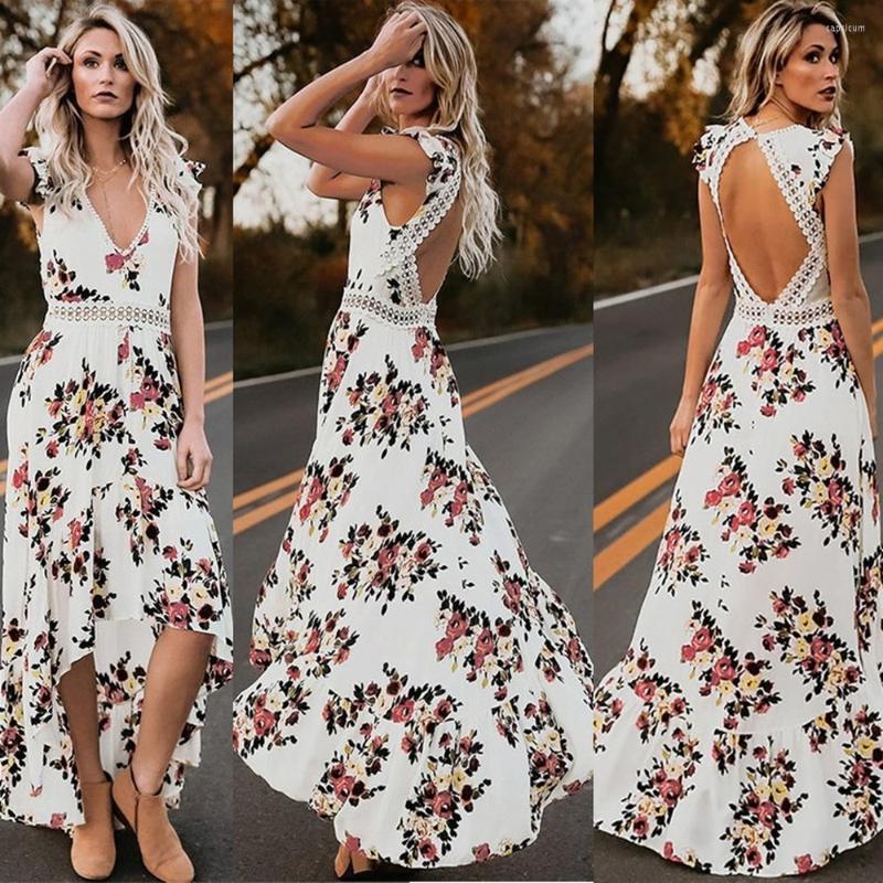 

Casual Dresses ZOGAA Maxi Irregular Boho Dress Summer Floral Print Sexy V-Neck Hem Holiday Bohemia Long Women, Black