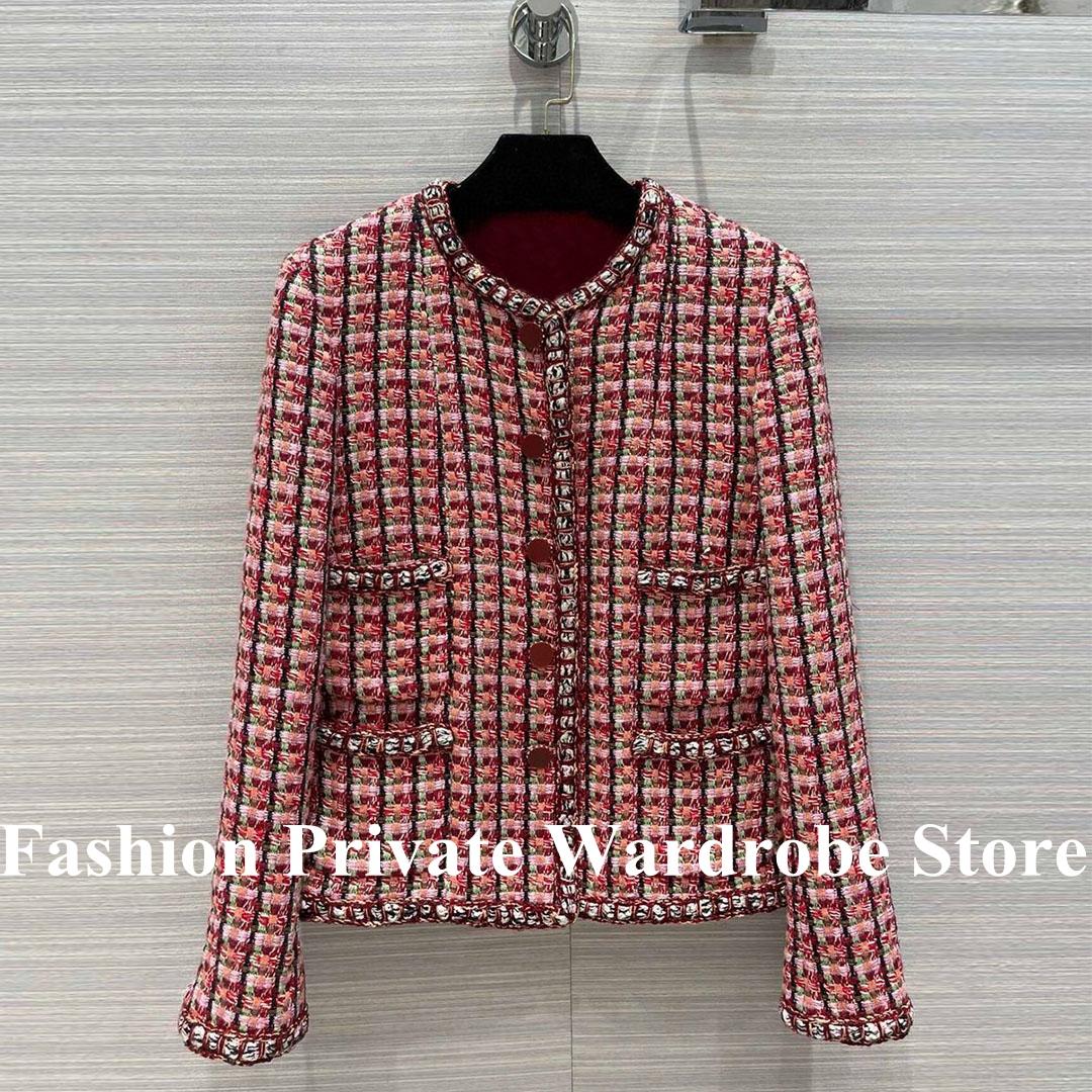 

Fur Top Quality 2022 New Autumn Plaid Woven Sweet Tweed Jacket Women Oneck Pockets Singel Breasted Print Silk Liner Vintage Coat, Red