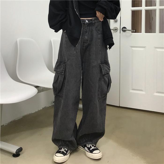 

Jeans HIPHOP Men Grunge Streetwear Gray Baggy Jeans Women Korean Fashion Oversized Pockets Cargo Denim Pants Wide Leg Trousers ins