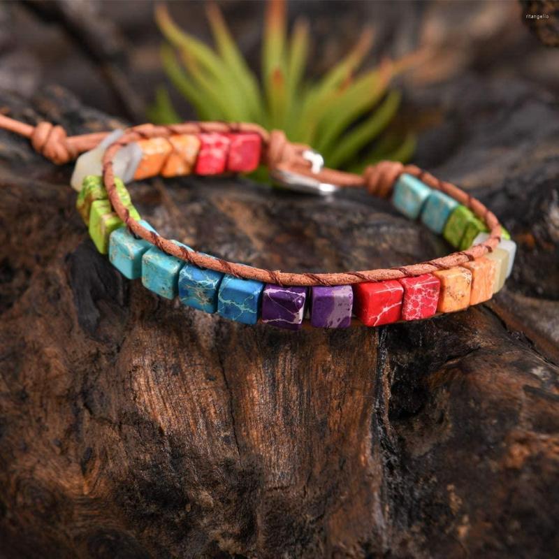 

Charm Bracelets Bohemia 7 Chakra Bracelet Jewelry Handmade Multicolor Natural Stone Tube Beads Leather Wrap Couples Gifts