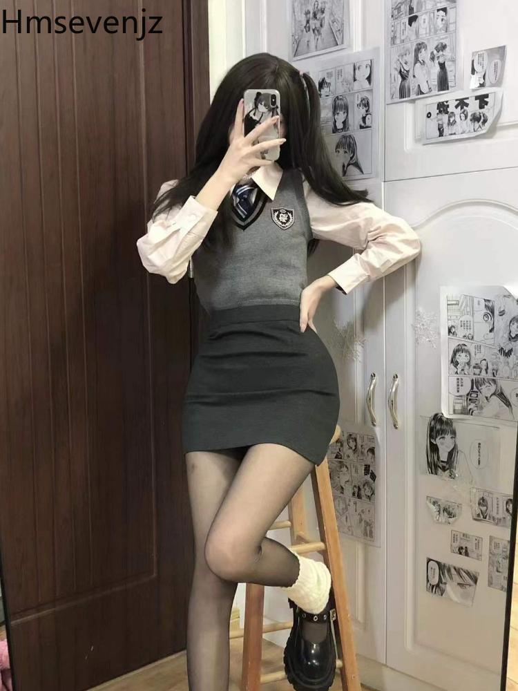 

Dress HMSEVENJZ 3PIECE PREPPY VNECK MEDAL VEST + PINK SHIRT + HIGH WAIST HIP SKIRT SUIT KNITTED VESTS ELEGANT CHIC SKINNY SEXY SUITS, Grey vest
