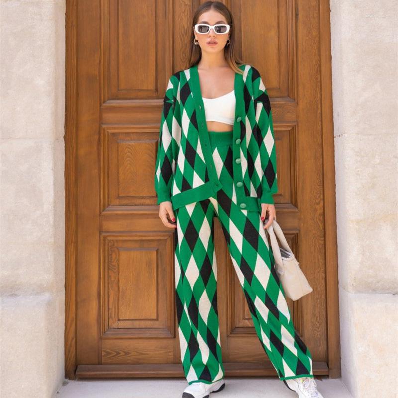 

Women' Two Piece Pants Y2K Vintage Knitted Sweater Sets Women Casual Single Breasted Cardigan And Long Suits 2023 Winter Female Outfits, Navy blue pants
