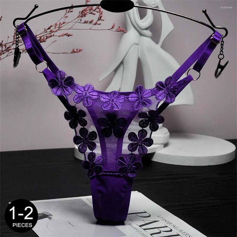 

Women's Panties 1-2 Pcs Adjustable Lace Underwear For Women Sexy Low Rise Thong Up Girl's Embroidery Flowers Seamless G-sring, 1 pcs black