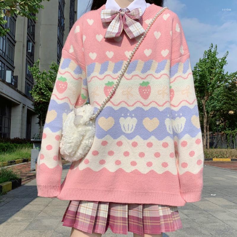 

Women's Sweaters Cute Pink Strawberry Sweater Comfy Knit Pullover Oversize Jumper Women Soft Girl Y2K Aesthetic Clothes Fairy Kei