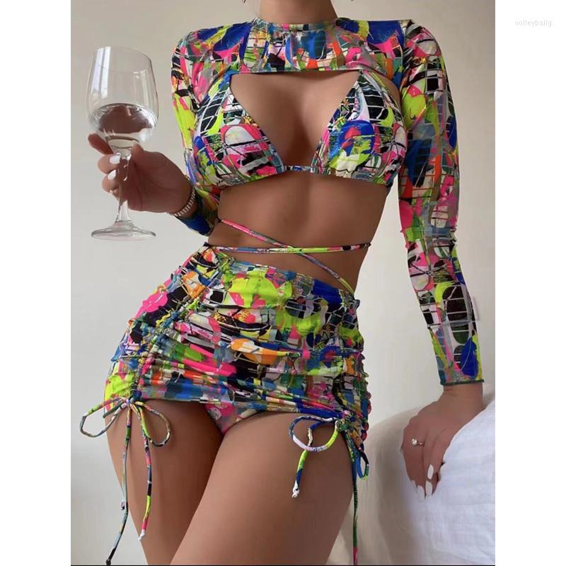 

Women' Swimwear 2023 Printed Thong Bikini Set Cover Up Swimsuit For Sexy Women Long Sleeve Four Pieces Beach Bathing Suits, Picture shown