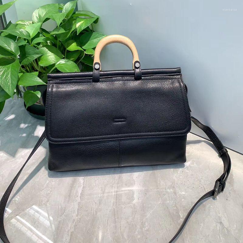 

Evening Bags WOONAM Women Fashion Bag Top Hide Genuine Calf Leather Wood Handle Shoulder Crossbody Handbag WB784, Black