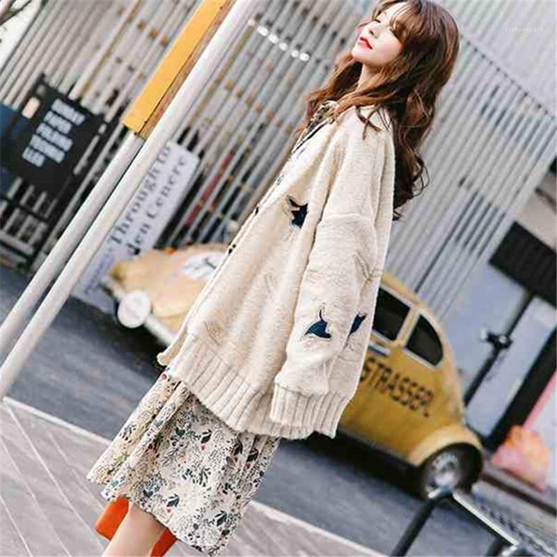 

Women's Knits Size Plus Embroidery Long Sweater Coat Cardigan Women 2023 Spring Autumn V-Neck Sweet Loose Casual Knitwear Female Jacket & Te, Grey blue