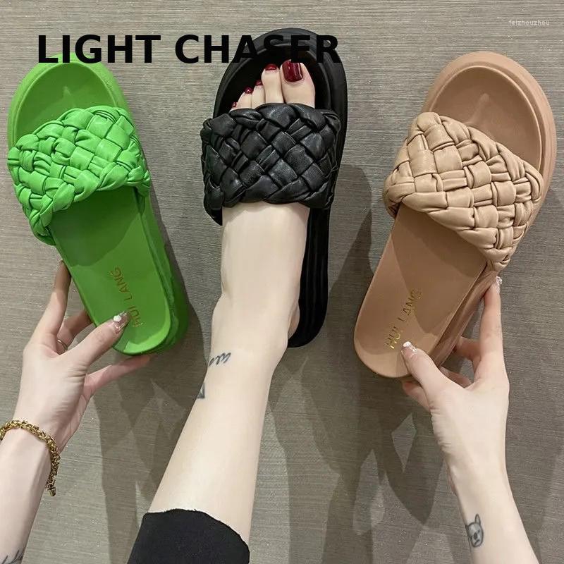 

Sandals Summer Slippers Women Slip On Slides Woven Fashion Square Toe Leather Flat Female Outdoor Casual Flip Flops, Black