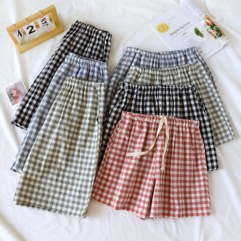 

Women's Sleepwear 2023 Summer Couple Japanese Shorts Cotton Men's And Women's Plaid Simple Large Thin Home Pajama Pants, 04 (woman)