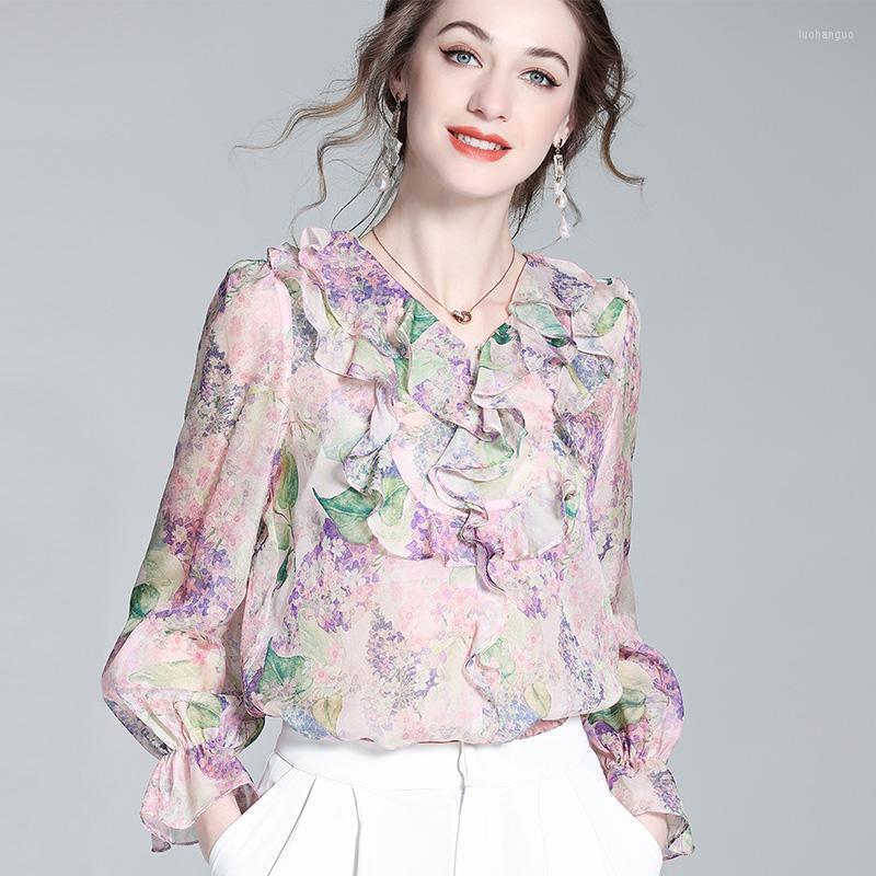 

Women's Blouses Blouse Female 2023 Autumn French Retro Ruffled T-shirt Beautiful Temperament Age-reducing Chiffon Floral Shirt Top, Pink