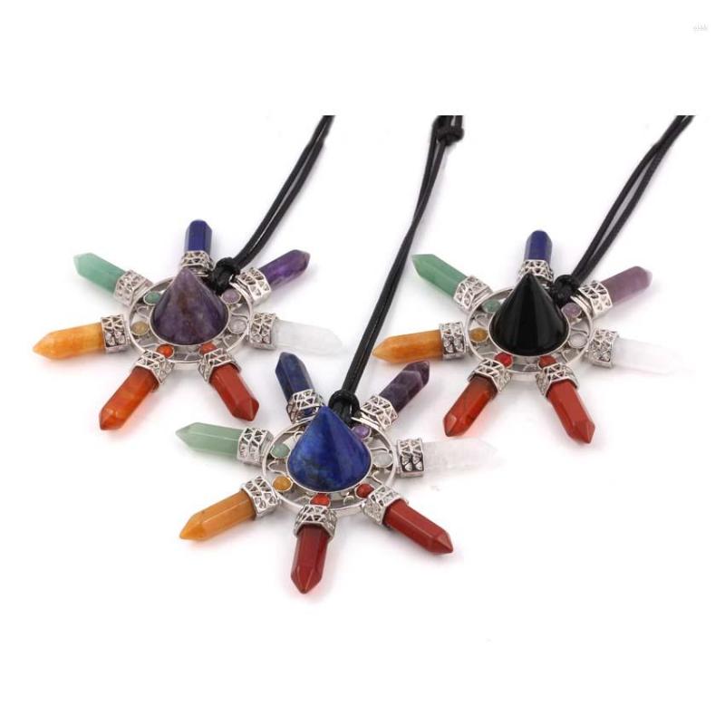 

Pendant Necklaces KFT Natural 7 Chakra Crystal Quartz Hexagon Cone Energy Generator Round Pyramid Healing Reiki Stone Necklace