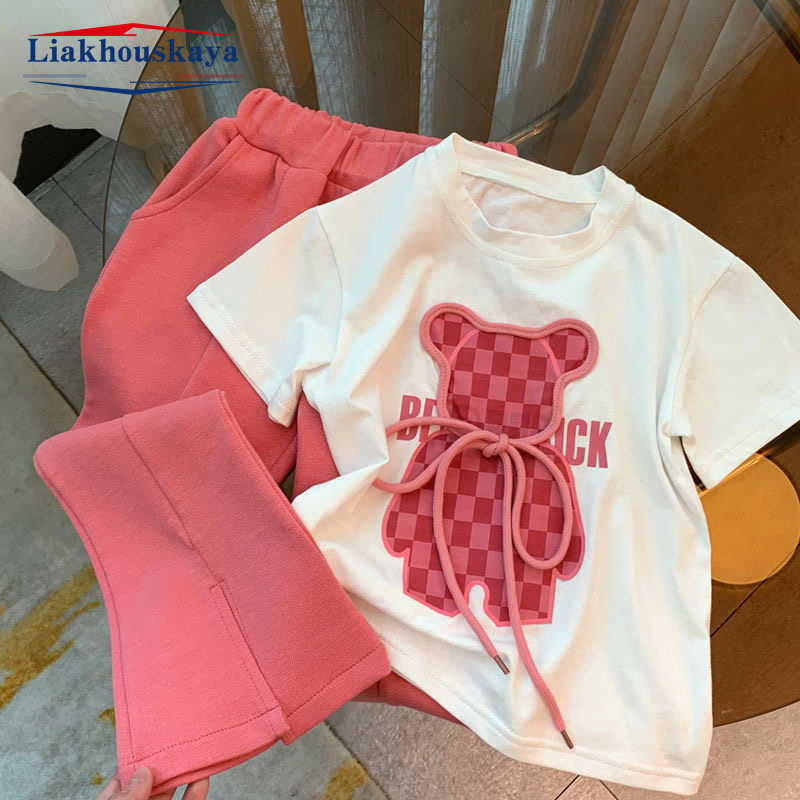 

Clothing Sets 2023 est Summer Teens Clothes Set Sport Bear Print Cotton Crop Top T Shirt Wide Long Pant Suit Korea Child Tracksuit 230420, Beige
