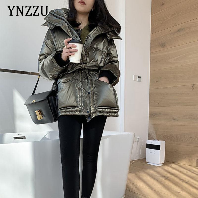

Parkas Windproof Women's Bright Down jacket 2021 Winter Hooded Sashes Female Down coat Short Thick warm Oversized Outwear YNZZU 1O273, Silver