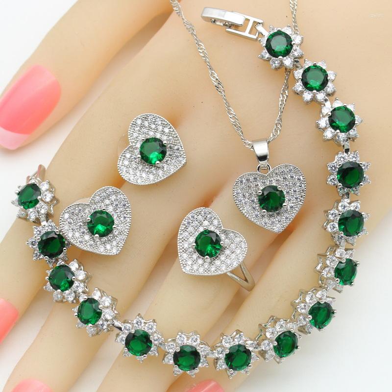 

Necklace Earrings Set Halloween Gift Green Zirconia Silver Color For Women Wedding Pendant Bracelets Stud Rings, Picture shown