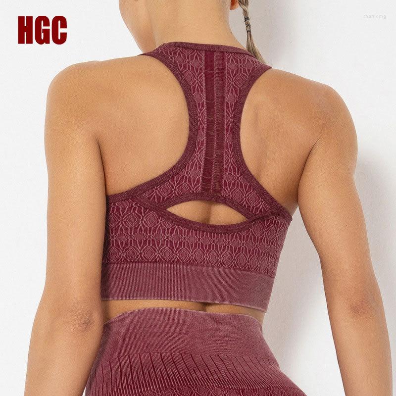 

Yoga Outfit HGC Sports Bra High Impact Support Elastic Gym Crop Top Women Push Up Mesh Underwear Padded Fitness Workout Blouse, Wine red