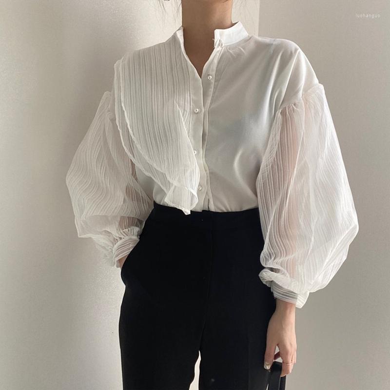 

Women's Blouses Women's Shirt Korean Perspective Stitching Mesh Sleeve Lining Versatile Single Breasted Solid Loose Stand Collar Tees, White