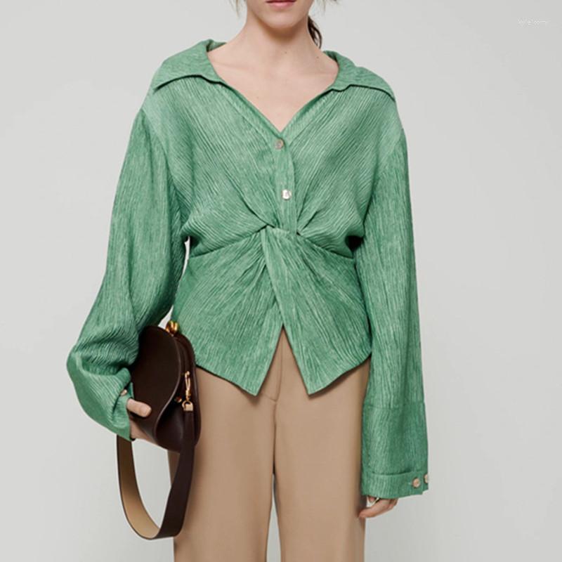 

Women' Blouses 2023 Early Spring Women V-Neck With Buttons Pleated Fashion Simple All-Match Elegant Green Shirts, Shirt
