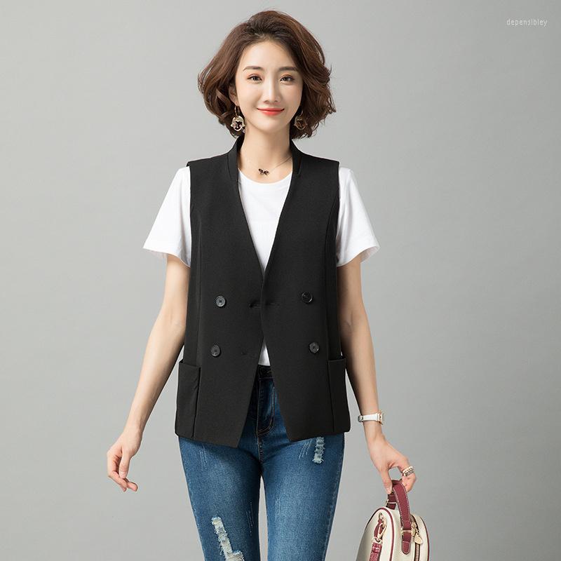 

Women's Vests #0707 Summer Short Vest Black V-neck Sleeveless Jacket Ladies Thin Outerwear Coat Double Breasted Blazer Slim