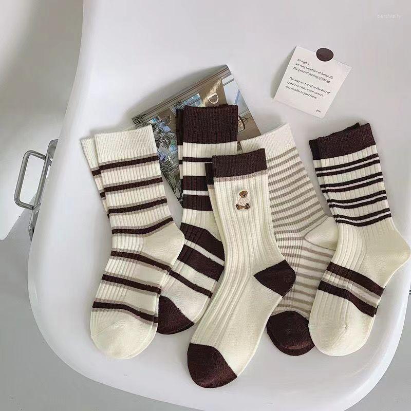 

Women Socks 2023 Autumn Winter Cotton Stocks Cute Bear Striped Girl's Middle Tube Fashion Lovely Warm Soft