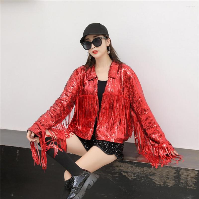 

Women's Jackets 2023 Performance Silver Tassel Sequin Jacket Retro Long-sleeved Reflective Women Outwear Tops Coat Women's, Black