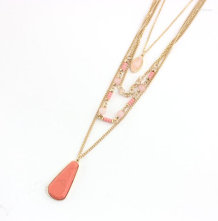 

Chains Layered Chain Rowed Pink Beads Water Drop Pendant Necklace Jewelry 4 Layers Geometric For Women