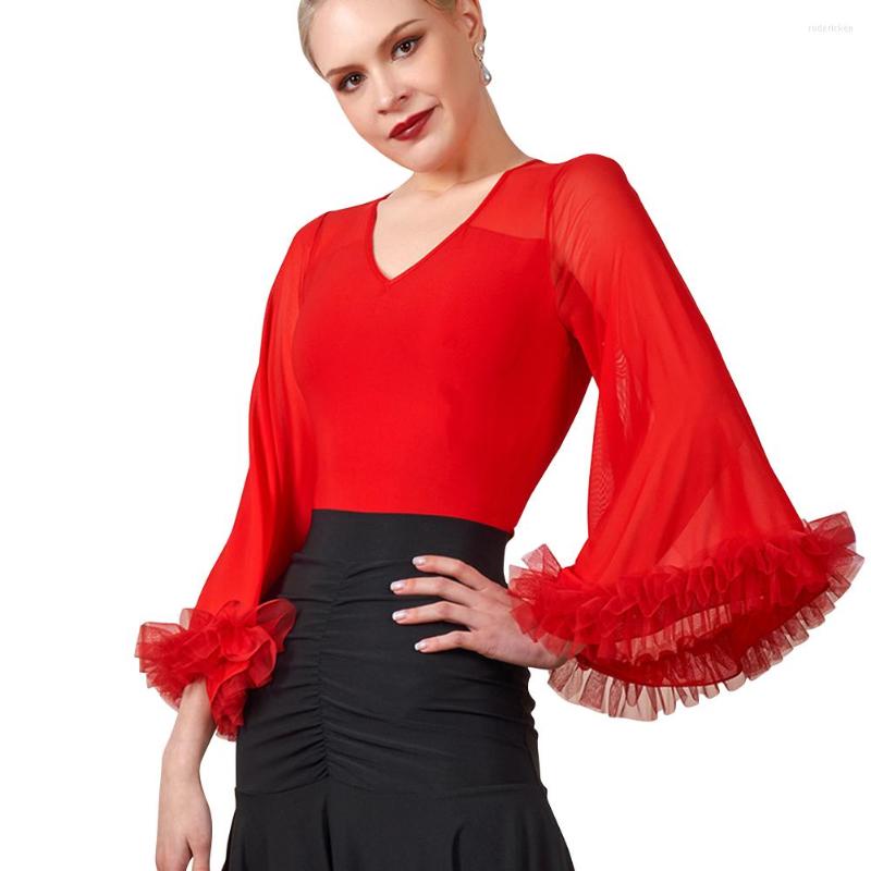 

Stage Wear Women Latin Dance Tops Fashion Sexy Mesh Shirt Practice Clothes Ballroom Dancing Profession Performance Female Clothing, Red