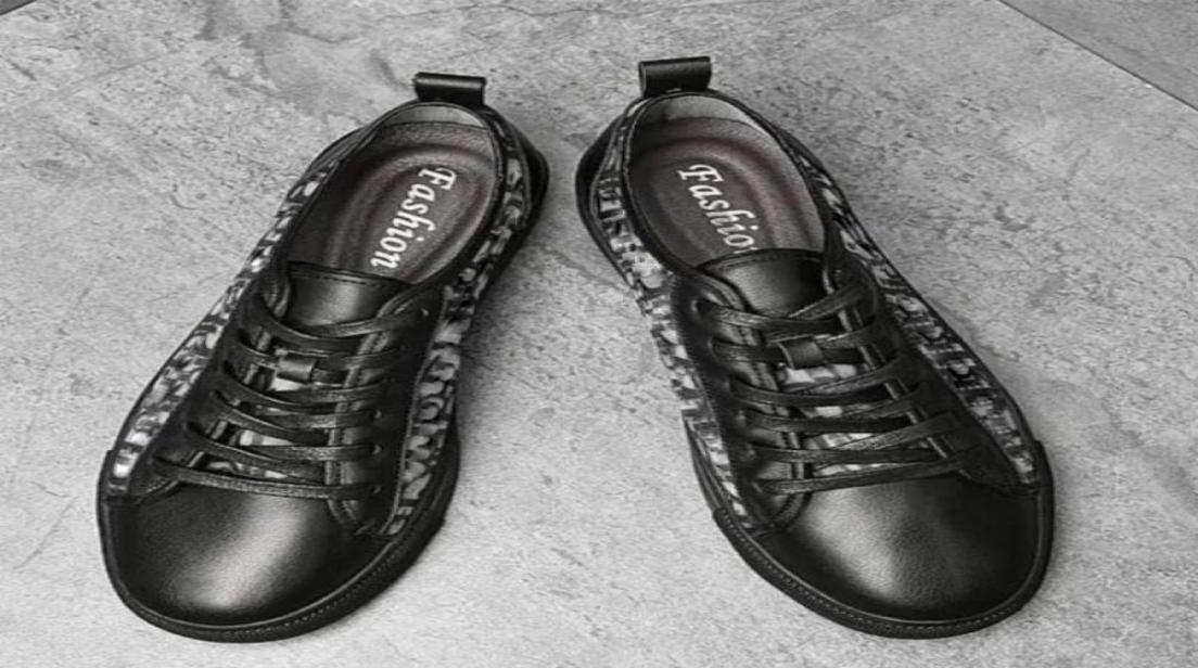 

Men Shoes PU Leather Print Lace Up Round Head Flat Bottom Casual Comfortable Fashion Chaussure Homeme DH80317712365, Black