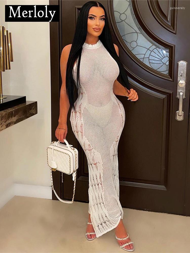 

Casual Dresses Merloly Long Maxi Dress Women Knitted See Through Bodycon Beach Vacation White 2023 Summer Sexy Clothes, Green
