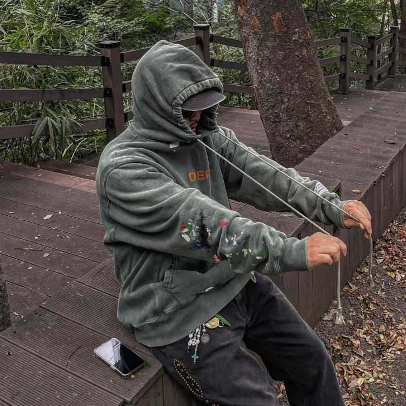 

Designer Clothing Hoodies Fashion Streetwear Galleryes Depts Green Vintage Wash Fade Graffiti Pullover Sweater Hooded Loose Coat Ins Rock Sweatshirts Hip hop, Shipping fee