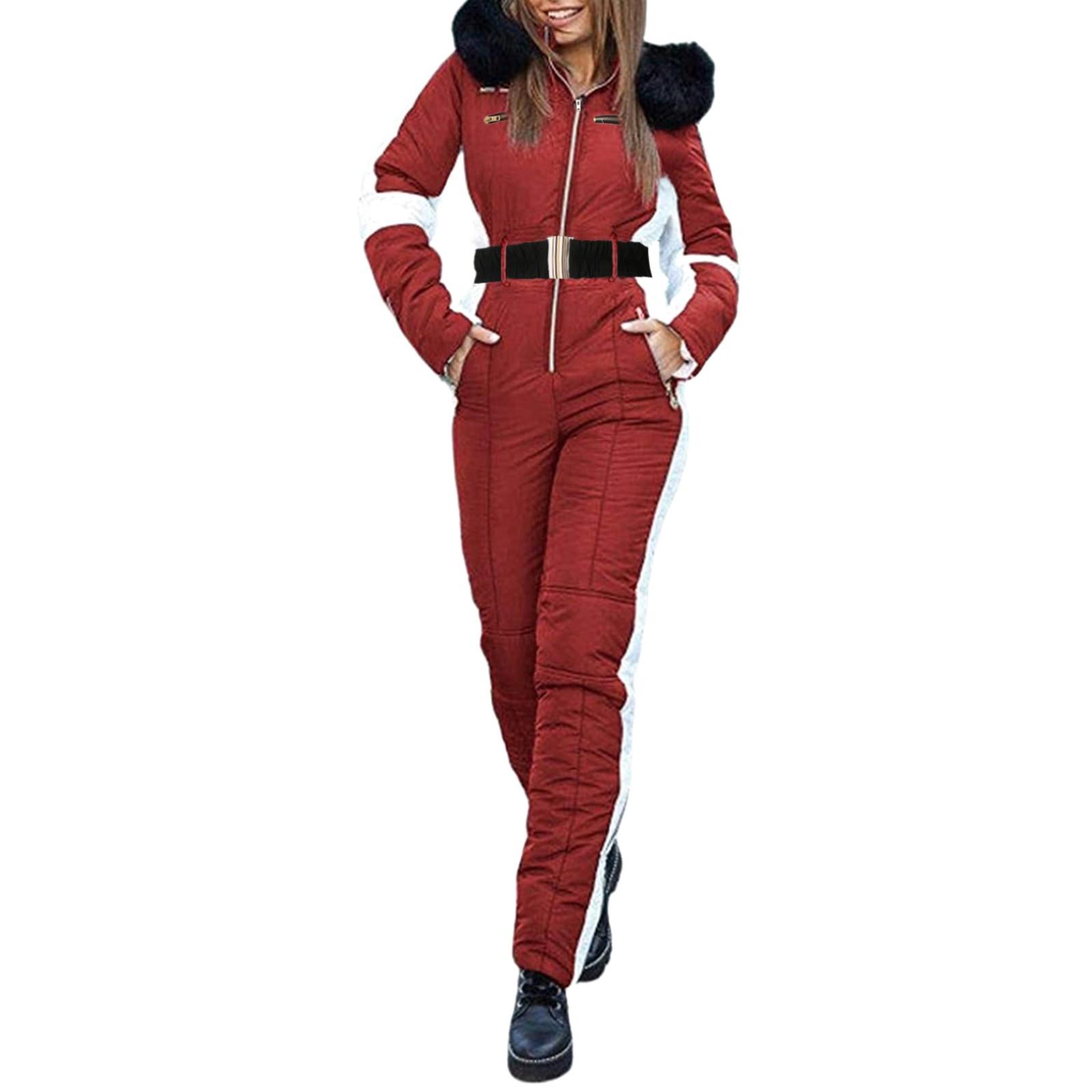 

Leather Women's Winter Outdoor Sports Jumpsuit Waterproof' with Removable Collar Outdoor Sports Zipper Ski Sets, Red