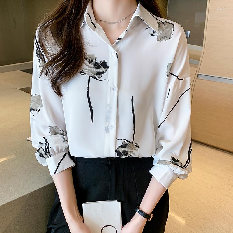 

Women' Blouses Office Rose Printed Blouse Casual Female Shirts Ladies Chic Long Lanter Sleeve Women Fashion White Autumn Blusas ST225, Black