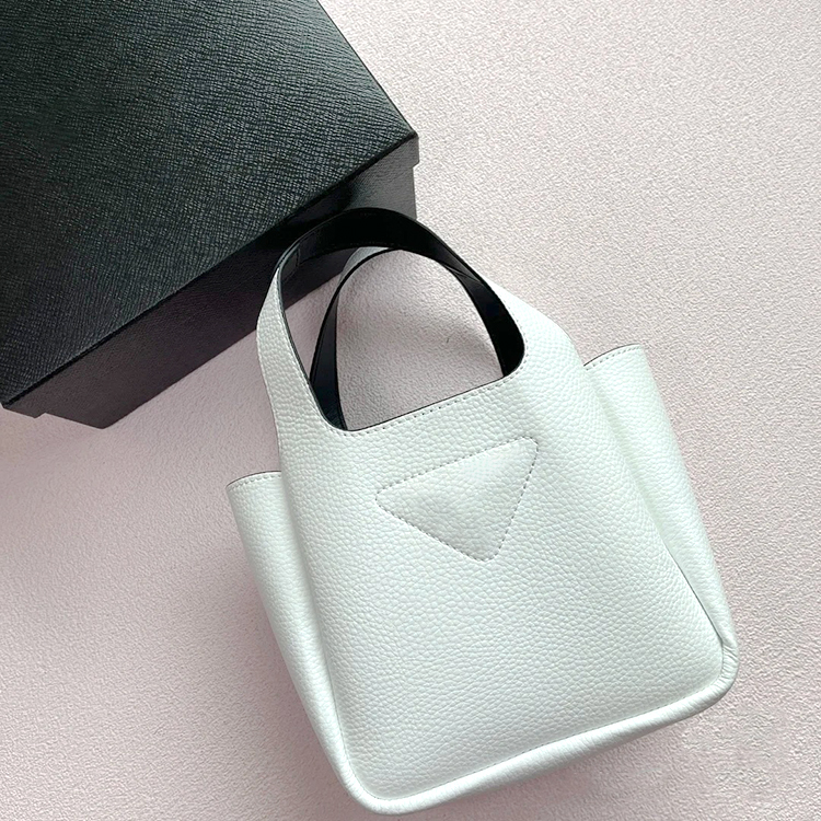 

Leather Cowhide Triangle beach bag prad tote crossbody handbag clutch bags Metal fittings Magnetic snap closure basket Luxury Designer Womens Mens shoulder Bag, White
