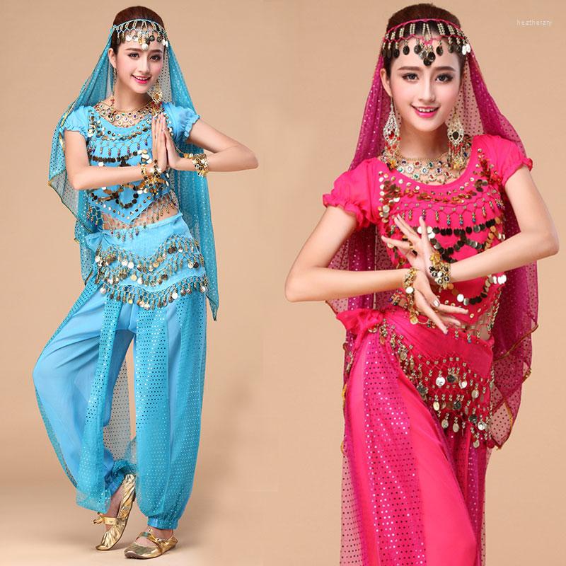 

Stage Wear 4PCS Chiffon Bollywood Costume Women Dance Set Saree Belly Costumes Performance Carnival, Blue