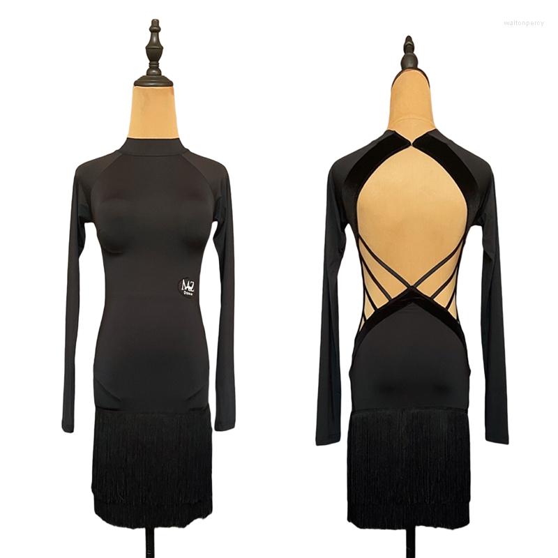 

Stage Wear Fringe Latin Dress Women Backless Performance Costume Salsa Clothing Long Sleeve Tap Dancewear Black Samba Dance Outfit JL3364
