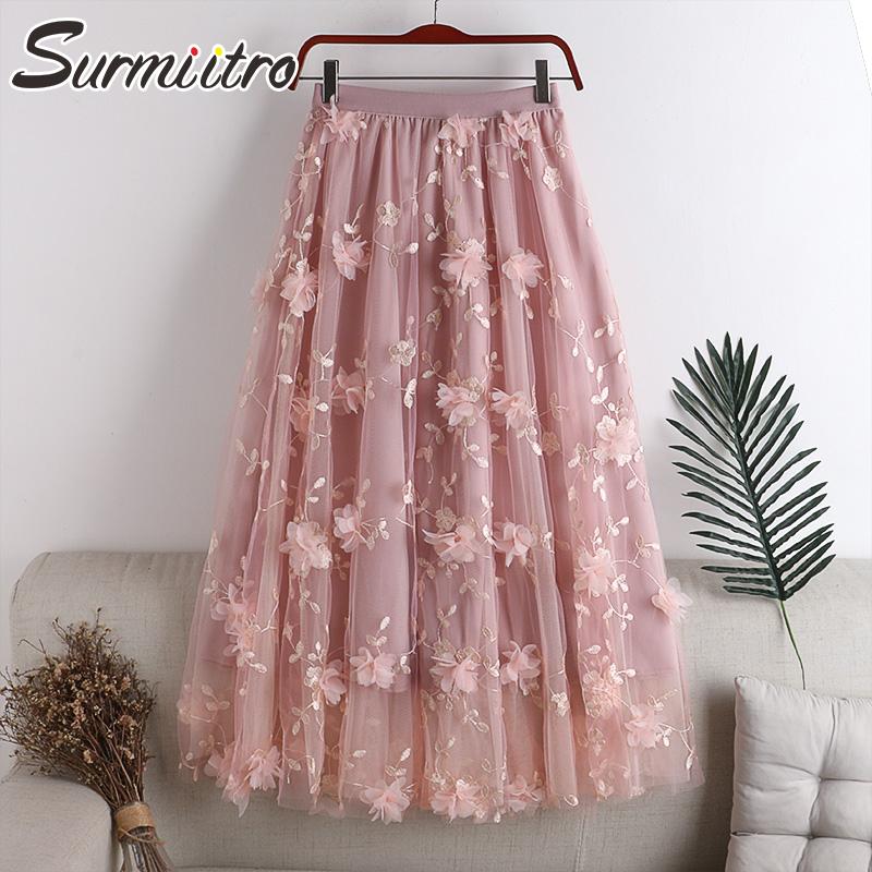 

Dresses SURMIITRO 2022 Spring Summer Long Pleated Tulle Skirt Women Korean Mesh Floral Embroidery High Waist Aesthetic Midi Skirt Female, Deep blue
