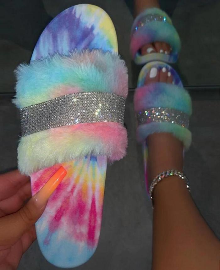 

Women Furry Slippers Woman Fur Slides Women039s Glitter Bling Flat Female Rainbow Color Shoes Whole Drop 20204461503, Red