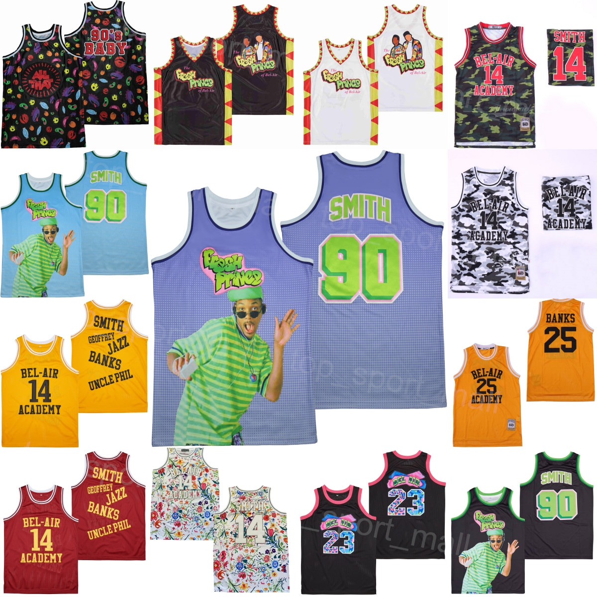 

Moive The Fresh Prince Basketball Jersey 14 Will Smith BEL-AIR(BEL AIR)Academy Clothes TV Sitcom Breathable Team Color Retro College Pure Cotton University High/Top, White