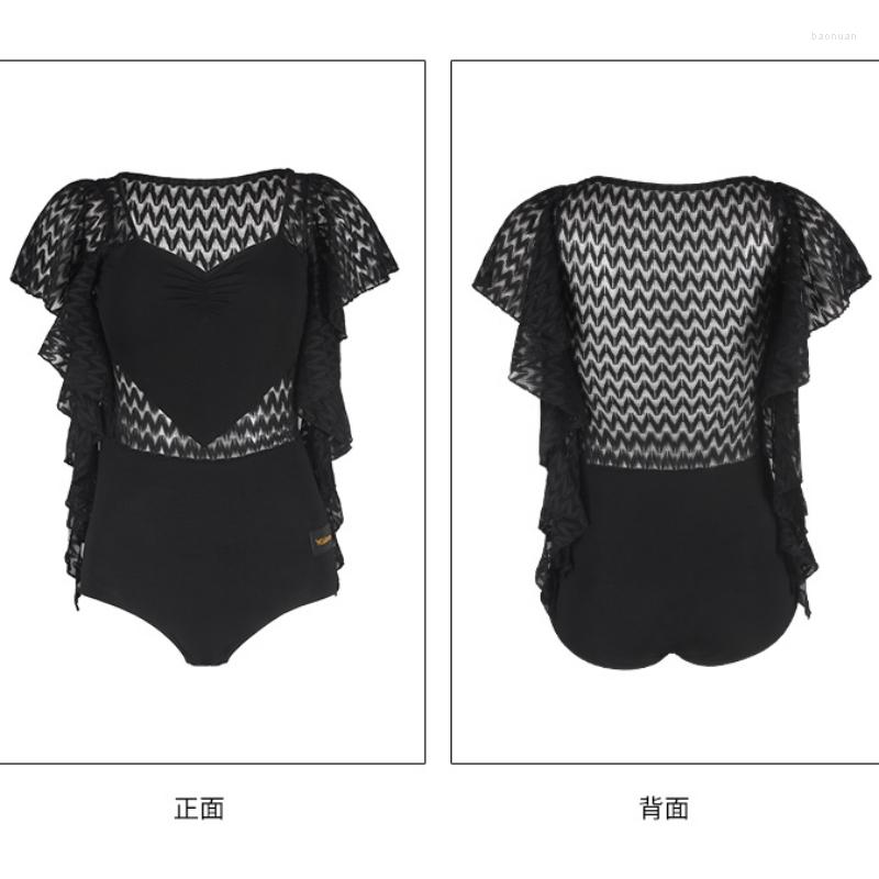 

Stage Wear W23C253 Female Latin Dance Bodysuit Black Low Neck Short Sleeve Wave Design Dancewear Cha Samba Rumba Clothes, Black bodysuit