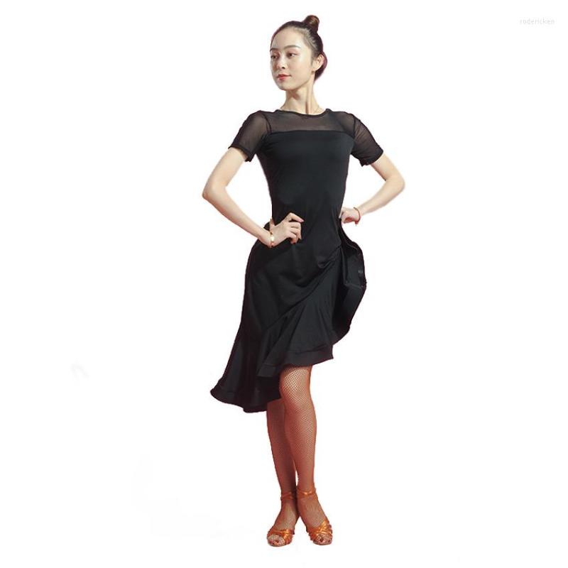 

Stage Wear Latin Dance Clothes Female Adult Practice Dress Mesh Stitching Fish Bone Skirt, Black