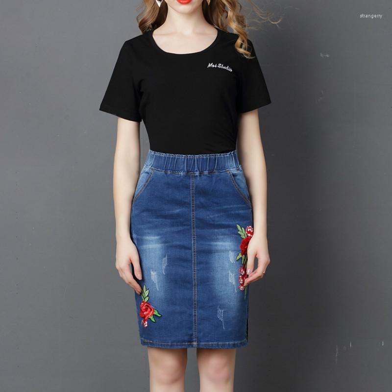 

Skirts 2023 Women Spring&summer European & American Denim Skirt Embroidered High Waist Elastic Soild Color Plus Size, Blue