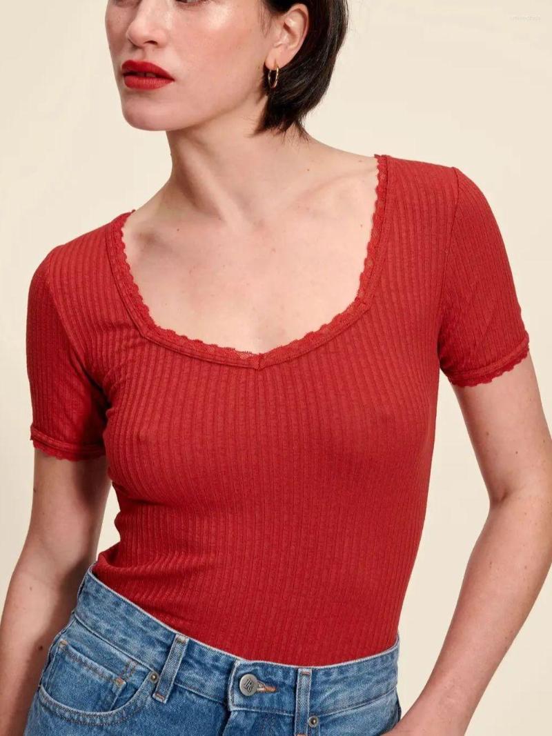

Women's T Shirts French 2023 Women Short-Sleeved Knitted Shirt Spring And Summer Ladies Lace Trim Stitching Elastic Short Sleeve Tee Top, White