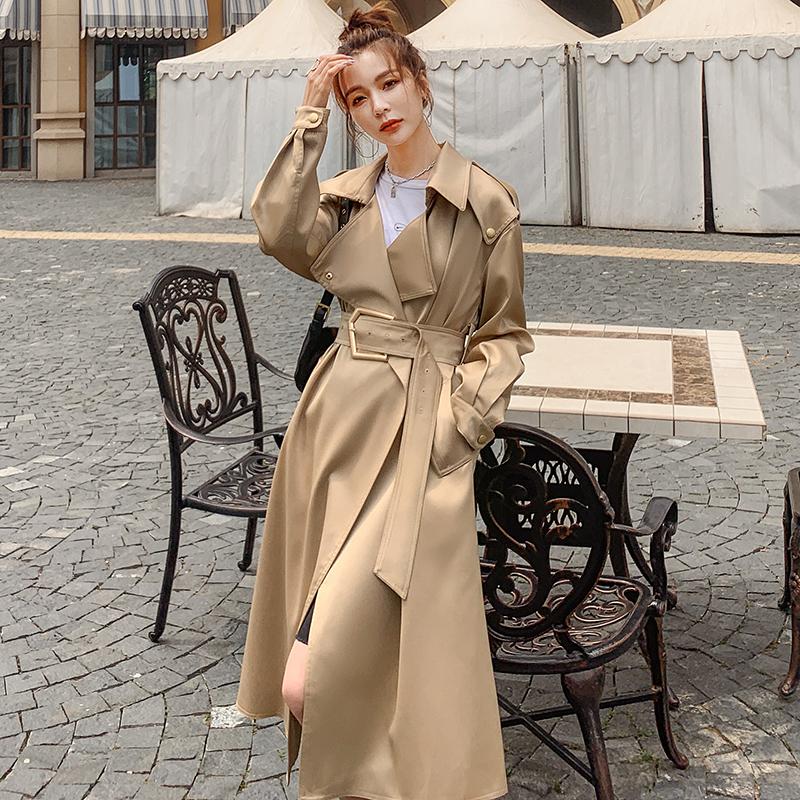 

Raincoats Women's Coat Long Windbreaker 2022 Spring Autumn Jacket Ladies Cloak Khaki Satin Fabric Highend Fashion Lapel Trench Female, Royal blue