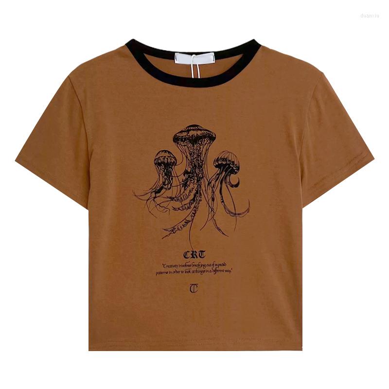 

Women's T Shirts Retro Coffee Color Jellyfish Pattern Print Contrast Round Neck Girl Short Sleeve T-shirt, White