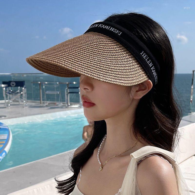 

Wide Brim Hats Sun Protection Summer Women's Hat Empty Top Kpop Cap Straw Seaside Vacation Fashion Visor Headband Yarn Stylish, Khaki balck