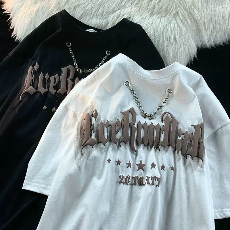 

Mens TShirts Cotton short sleeved tshirt men and women design sense large size necklace loose round neck foam letter couple harajuku 230419, Black