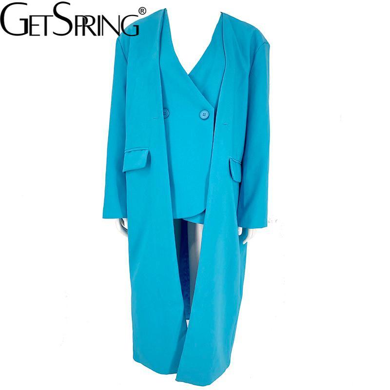 

Raincoats GetSpring Women Trench Coat Fake Two Ladies Windbreaker Double Breasted Fashion Vinatge Loose Casual Long Autumn Overcoat 2021, Blue