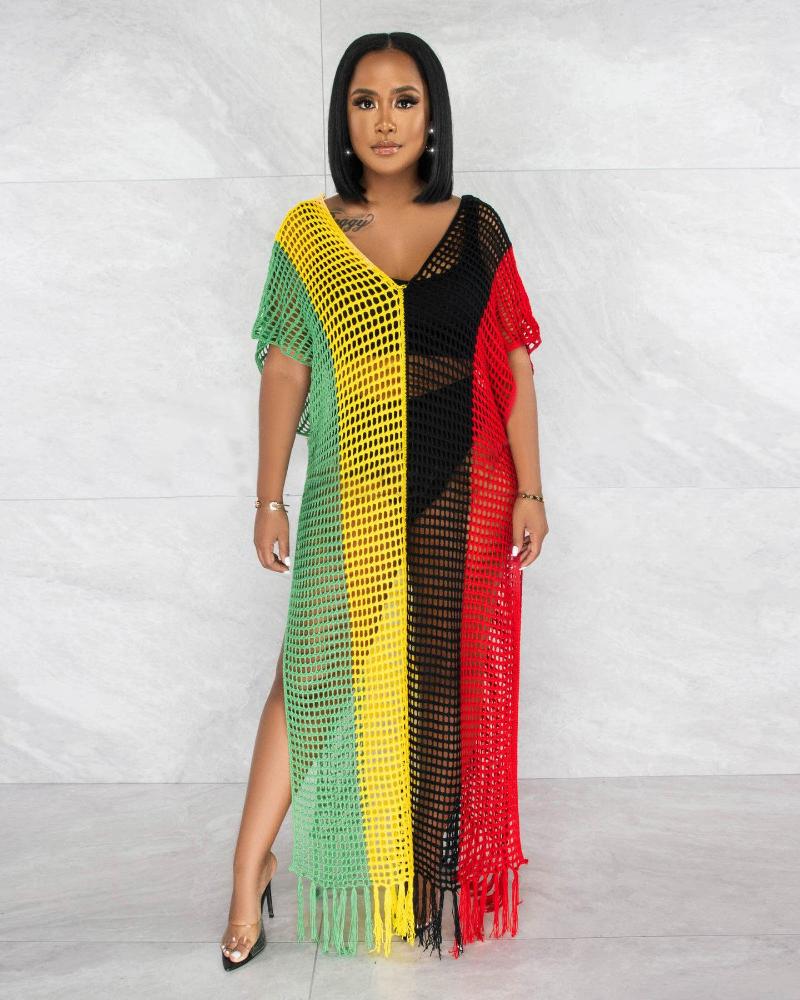 

Women' Swimwear 2023 Summer Women' Long Skirt Sexy Woven Hand Hook Knitted Tassel Colorful Beach Bikini Cover Up, Multi
