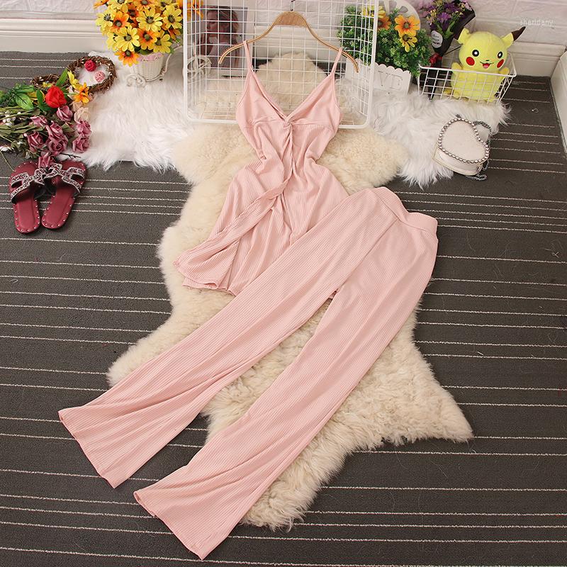 

Women's Two Piece Pants Summer Set Women Sexy Club Twist Spaghetti Strap Open Fork Midi Dress High Waist Wide Leg Suit Thin Female, Claret