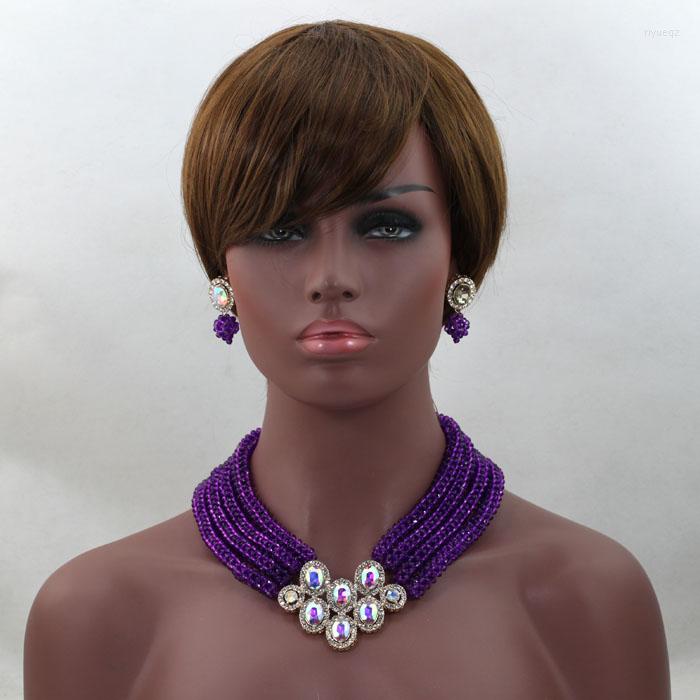 

Necklace Earrings Set 2023 Elegant Women Crystal Bridal Purple African Nigerian Wedding Party Beads Jewelry ALJ556, Picture shown