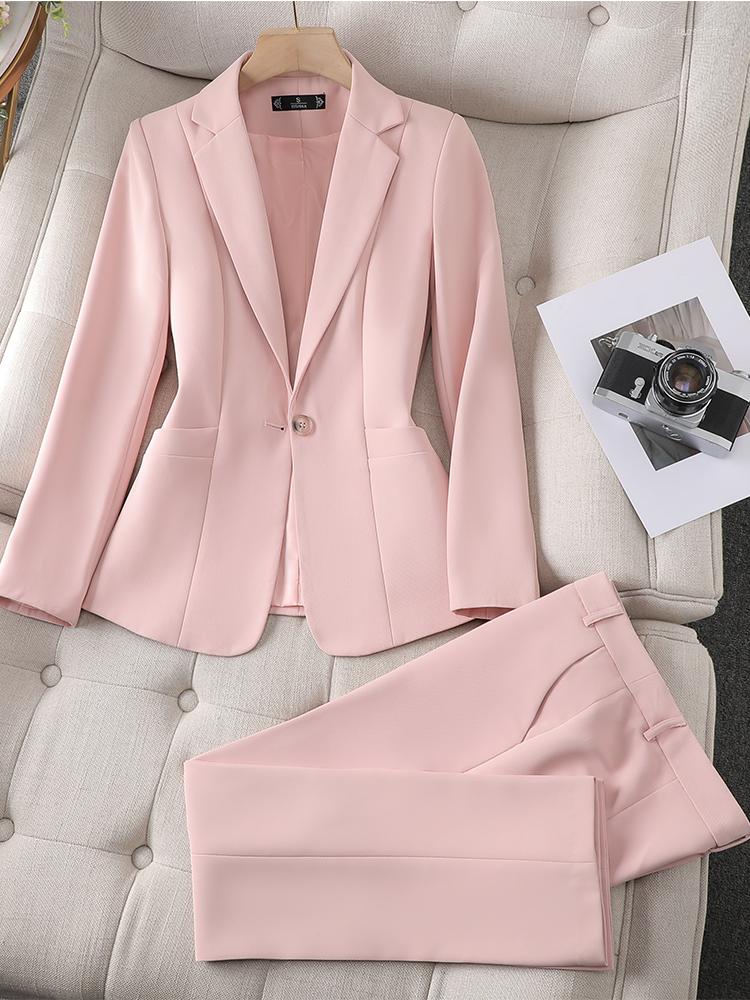 

Women' Two Piece Pants Women Ladies Pant Suit Formal Business Work Wear Blazer And Trouser Khaki Pink Black Female Long Sleeve 2 Set, Black 2 piece set